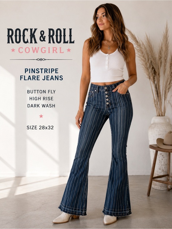 Rock & Roll Cowgirl Denim - Rock & Roll Cowgirl Pinstripe Button Fly Flare Jeans Women’s 28x32